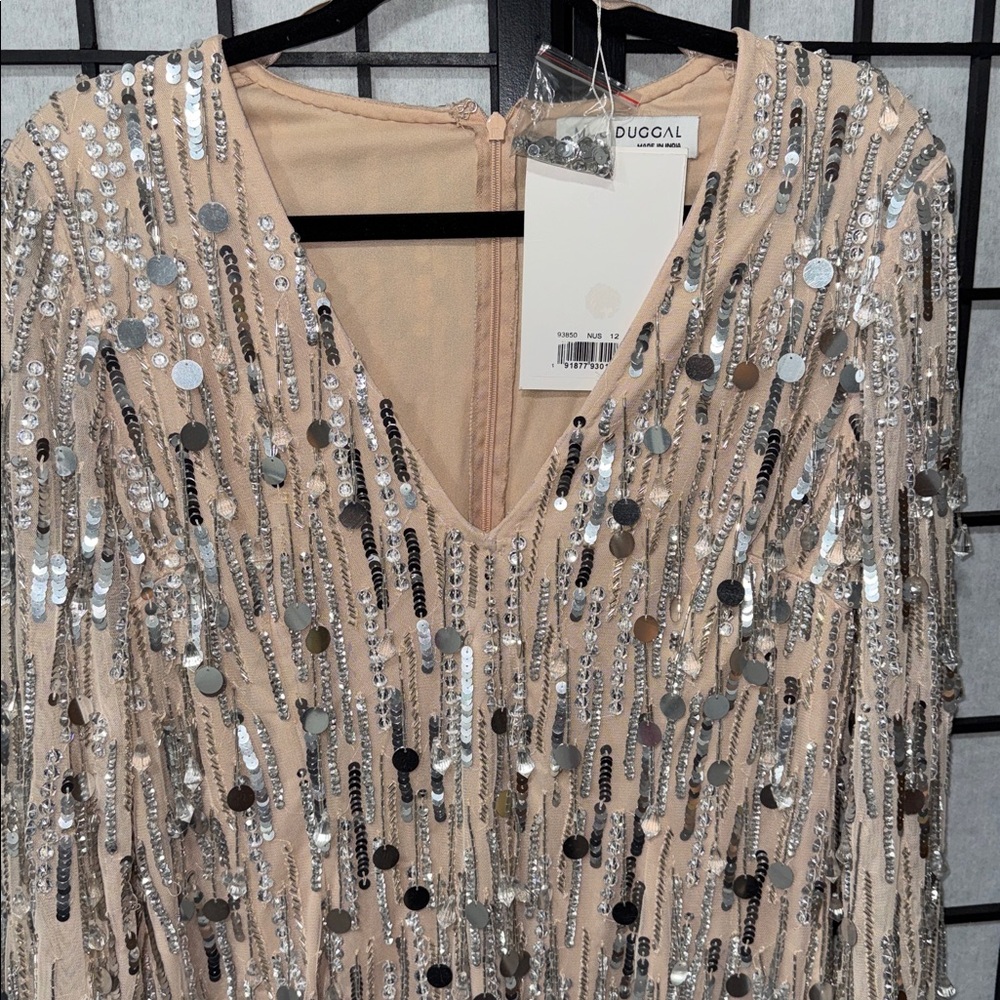 Mac Duggal 🪩 Remington Embellished Fringe Long-Sleeve Deep-V Mini Dress 93850 - Picture 9 of 11